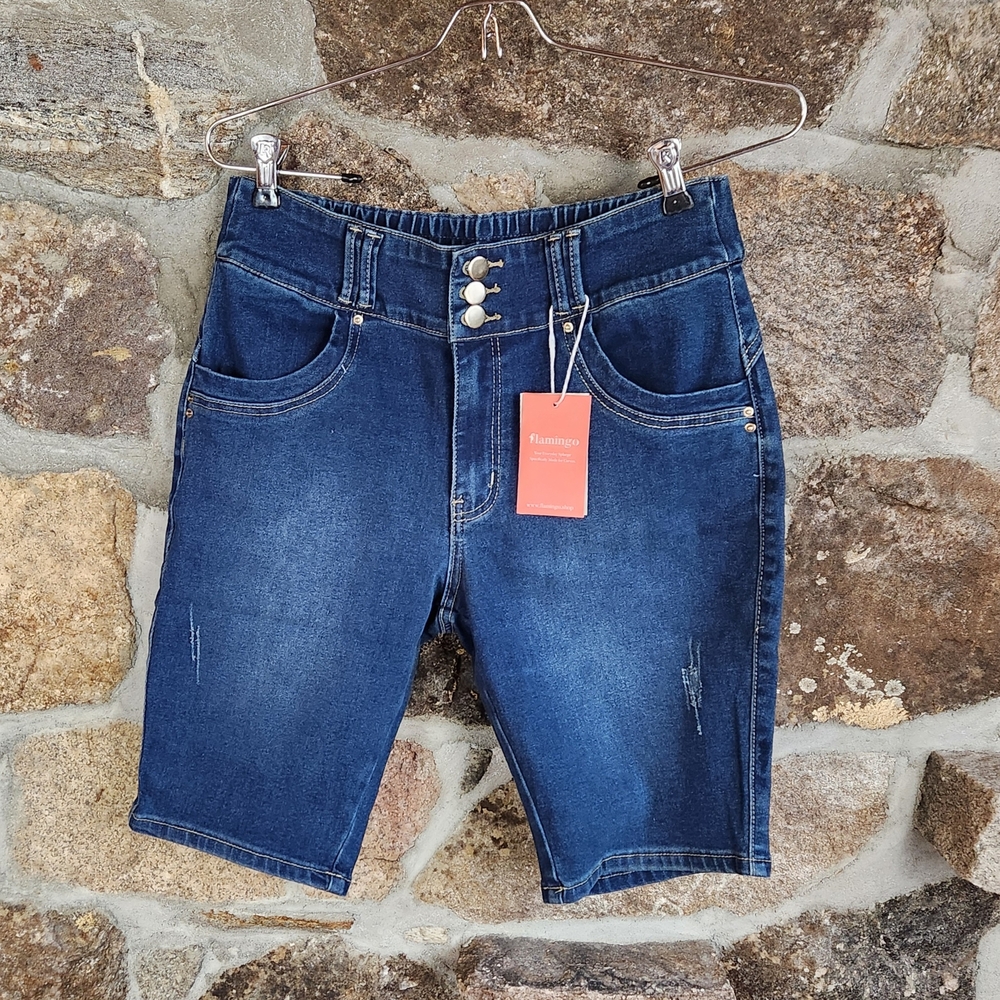 Nwt Flamingo Jeans Shorts Womens  Blue Denim Bermudas Large Curves